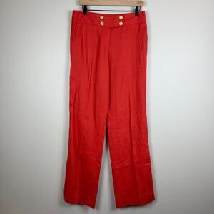 Outback Red 100% Linen Pants Women's 6 Orange Nautical Button Wide Leg Trousers